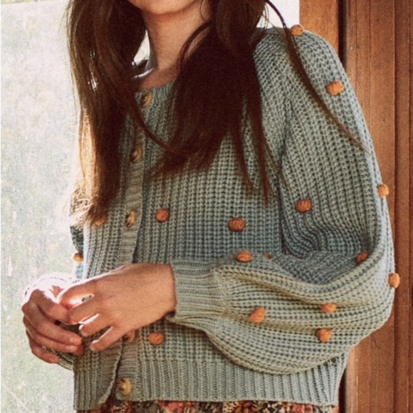 THE GREAT. The Bobble Sophomore Knit Cardigan in Dusty Blue/Honey Sz S - Picture 2 of 7